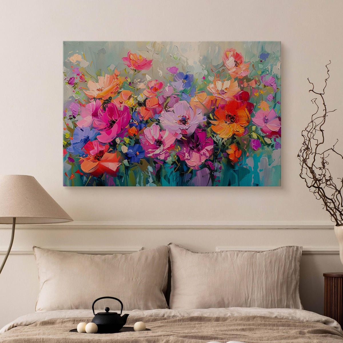 LEINWANDBILD Blumen Malarei Abstraktion 90x60 - Blau/Beige, Textil (90/60cm) - Muralo