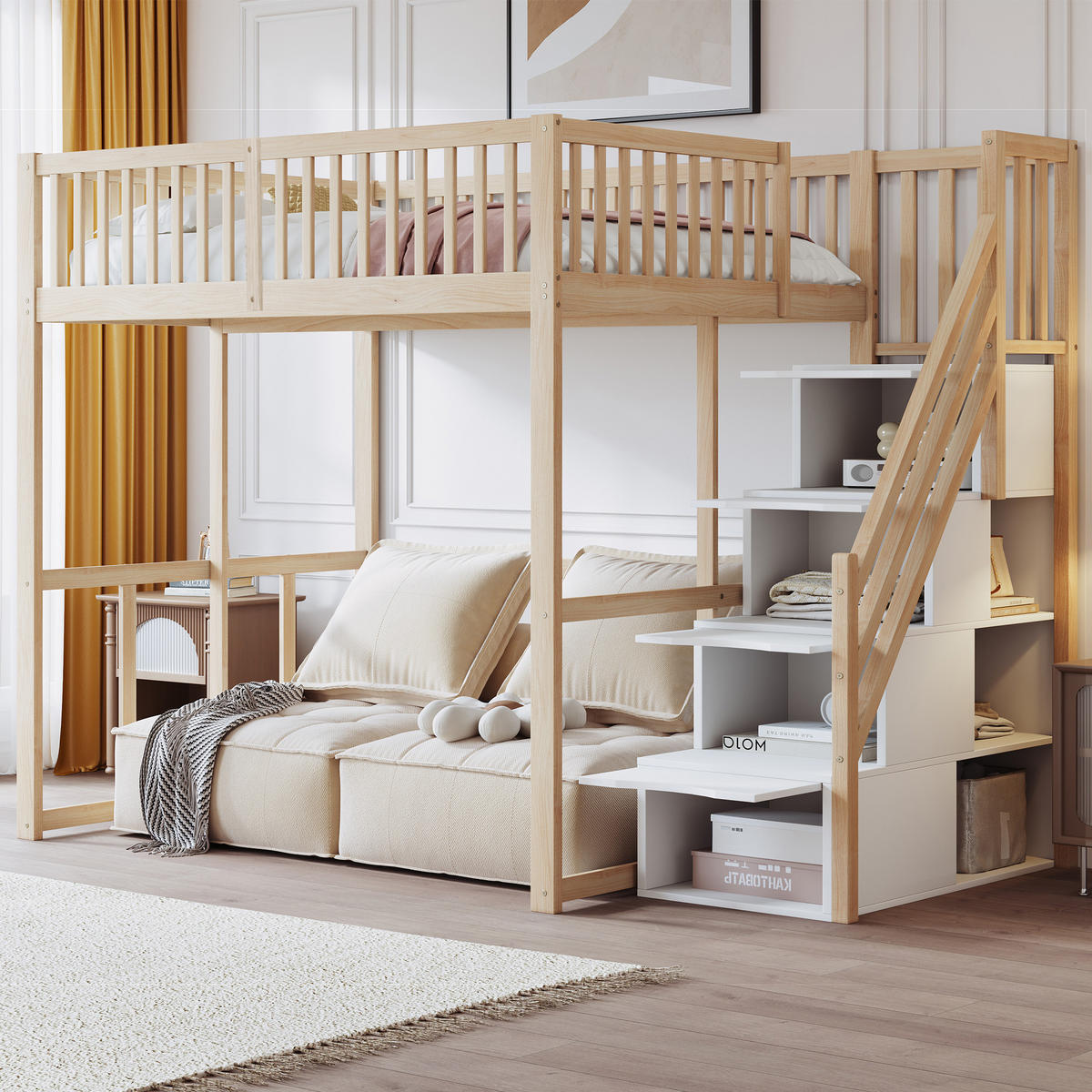 HOCHBETT 140/200 cm in Natur mit Stauraumtreppe und Sicherheitsumrandung - Naturfarben, Holz/Holzwerkstoff (140/200cm) - CHICFURN