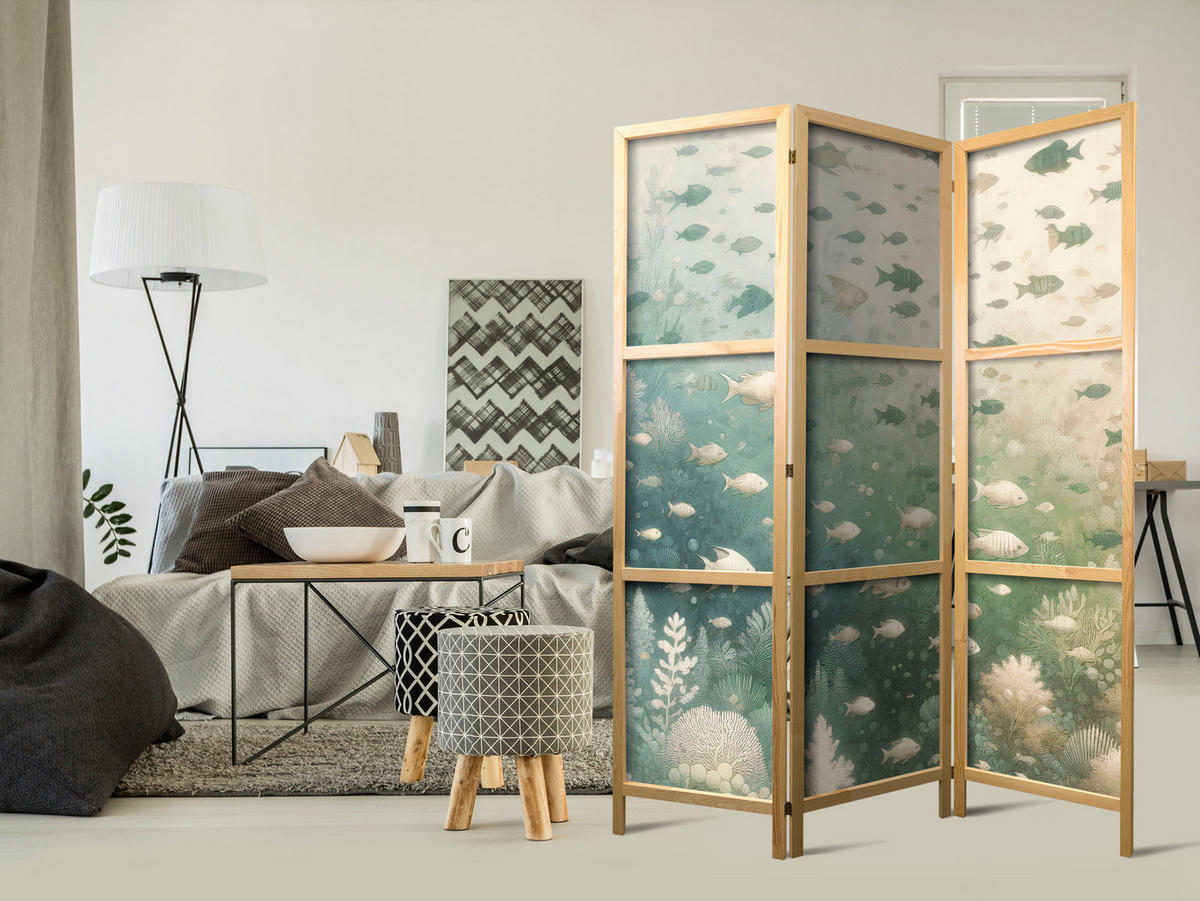 PARAVENT Japanischer 3-tlg 135x172 cm Fische und Meerespflanzen - Grün, Holz/Textil (135/172/3cm) - Muralo