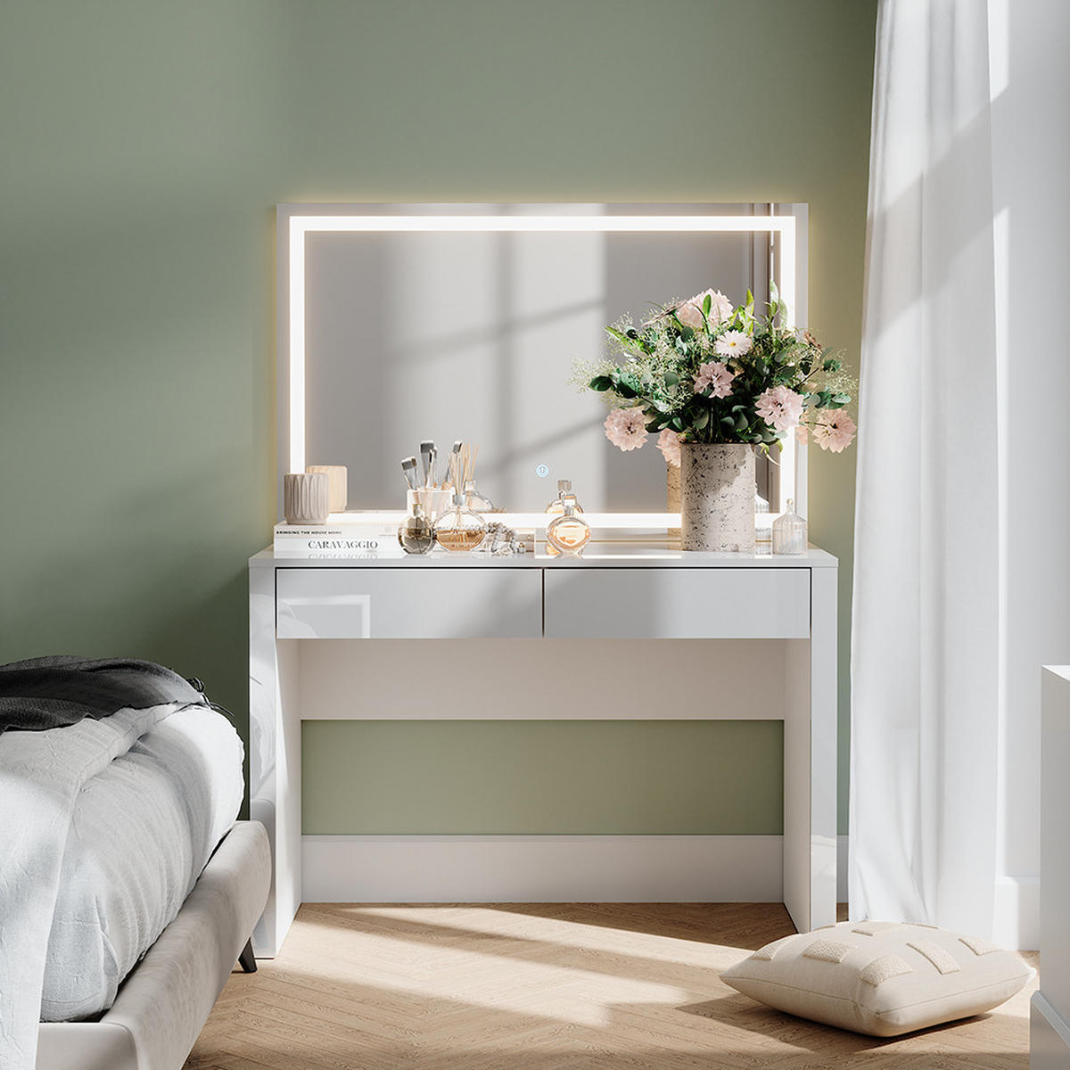 SCHMINKTISCH Annabelle Weiß Hochglanz/Weiß 110 cm mit LED-Spiegel - Weiß Hochglanz/Weiß, Holzwerkstoff (110/75.5/50cm) - Vicco