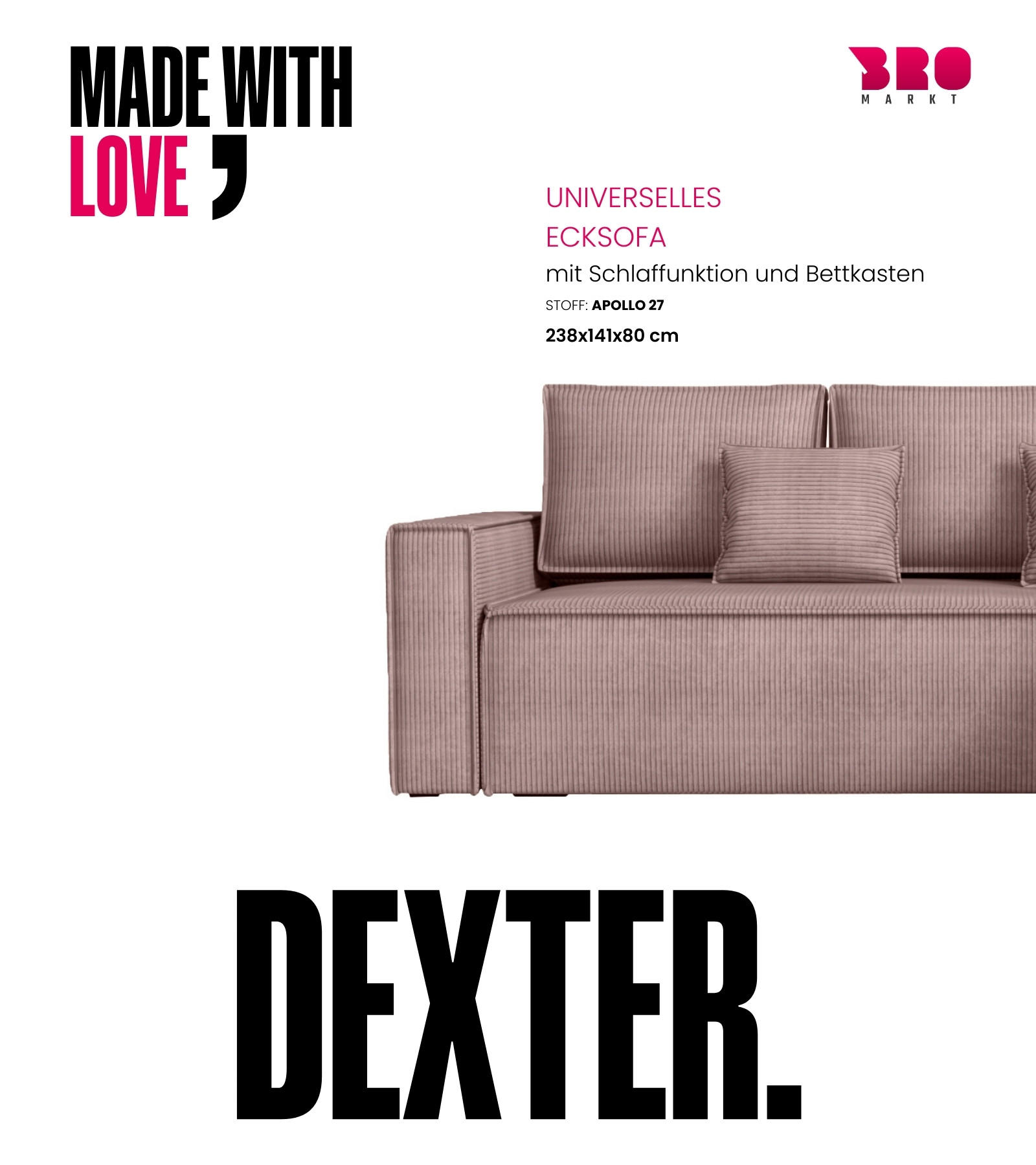 ECKSOFA Dexter mit Schlaffunktion Puderrosa Cord - Rosa, Textil (238/141cm) - Bromarkt