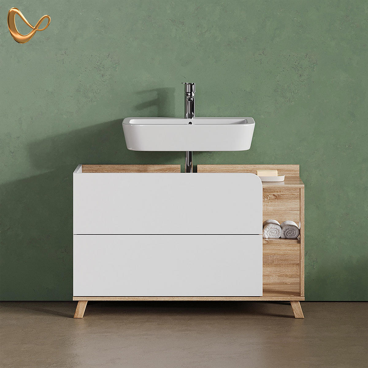 VANITY ENOTA ZA UMIVALNIK Marano, Sonoma/Bela, 100 x 65 cm z 2 predaloma - bela/hrast sonoma, leseni material (100/65/35cm) - Livinity®