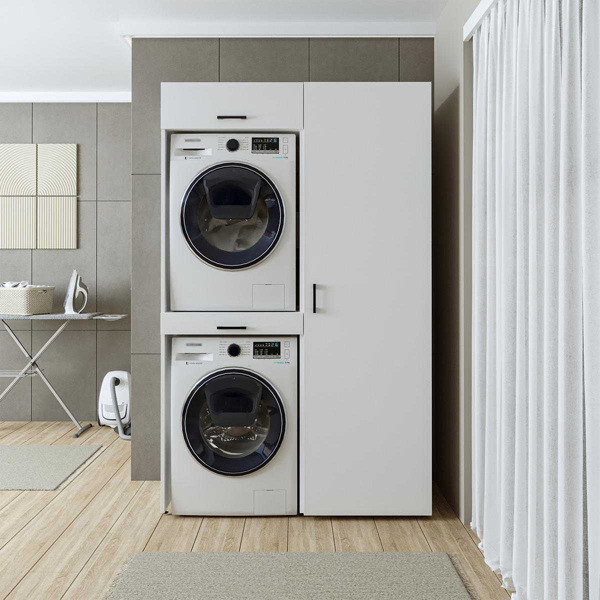 WASCHMASCHINENSCHRANK DUO-I 127cm Breit, 205cm Hoch - Weiß, Holzwerkstoff (127/205/67cm)