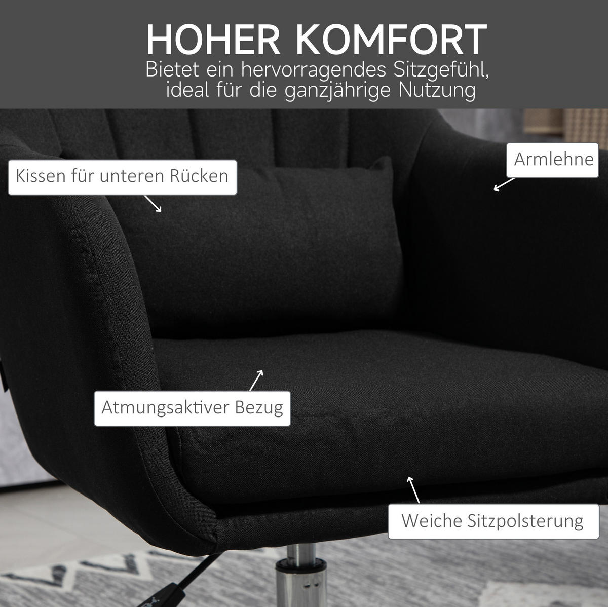 DREHSTUHL 60/60/79-91 cm in Schwarz, höhenverstellbar und 360° drehbar - Schwarz, Textil (60/91/60cm) - Flora Grace