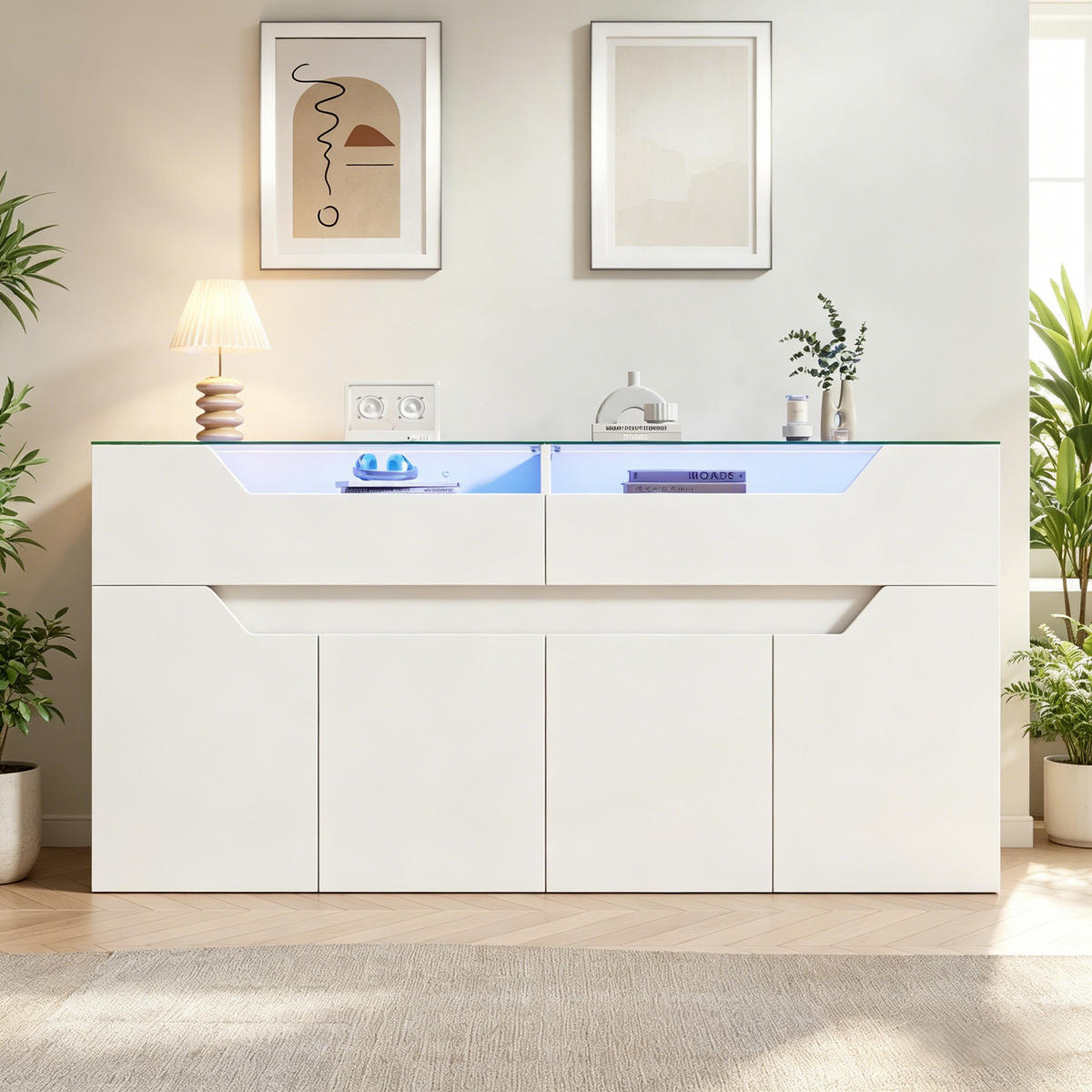 SIDEBOARD in Weiß Aufbewahrungsschrank mit 2 Schubladen und gehärteter Glasplatte, 140/40/70cm,für Esszimmer & Wohnzimmer - Weiß, Glas/Holzwerkstoff (140/70/40cm) - STILVORA