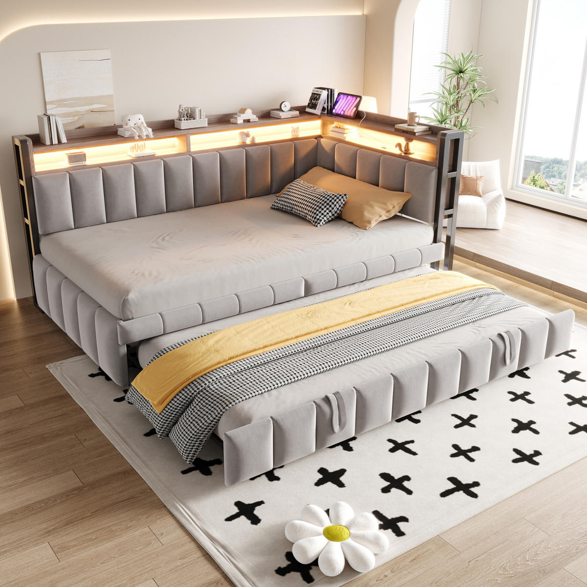 POLSTERBETT Schlafsofa aus Samt 90x200 cm Hellgrau mit Ausziehbett, LED-Beleuchtung, USB- und Typ-C-Anschluss - Hellgrau, Textil (90/200cm) - Modfu