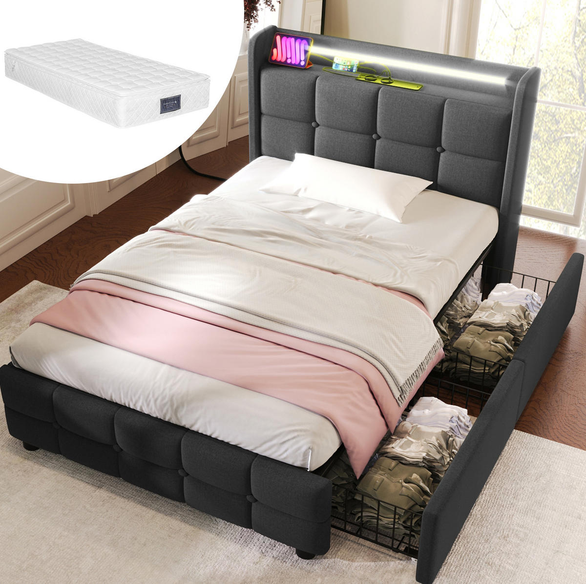 POLSTERBETT 90/200 cm Grau aus Holz mit LED-Beleuchtung - Grau, Holz (90/200cm) - OKMYHOME