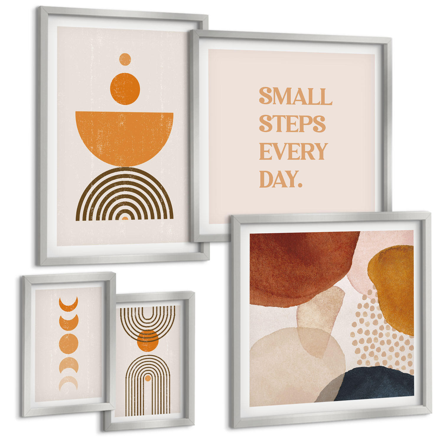 BILDER SET 5er Set - 50x50 cm & 20x30 cm & 40x60 cm Silberner Rahmen - Boho-minimalistische Dekorationen - Silberfarben, Kunststoff (40/60cm) - TULUP