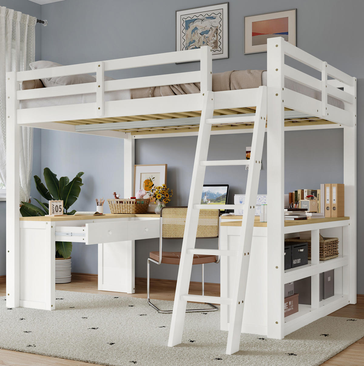 HOCHBETT 140/200 cm mit U-förmigem Schreibtisch, 2 Schubladen, Regal und Schrägleiter, Kiefer/MDF, Weiß/Natur - Weiß, Holzwerkstoff (140/200cm) - Redom