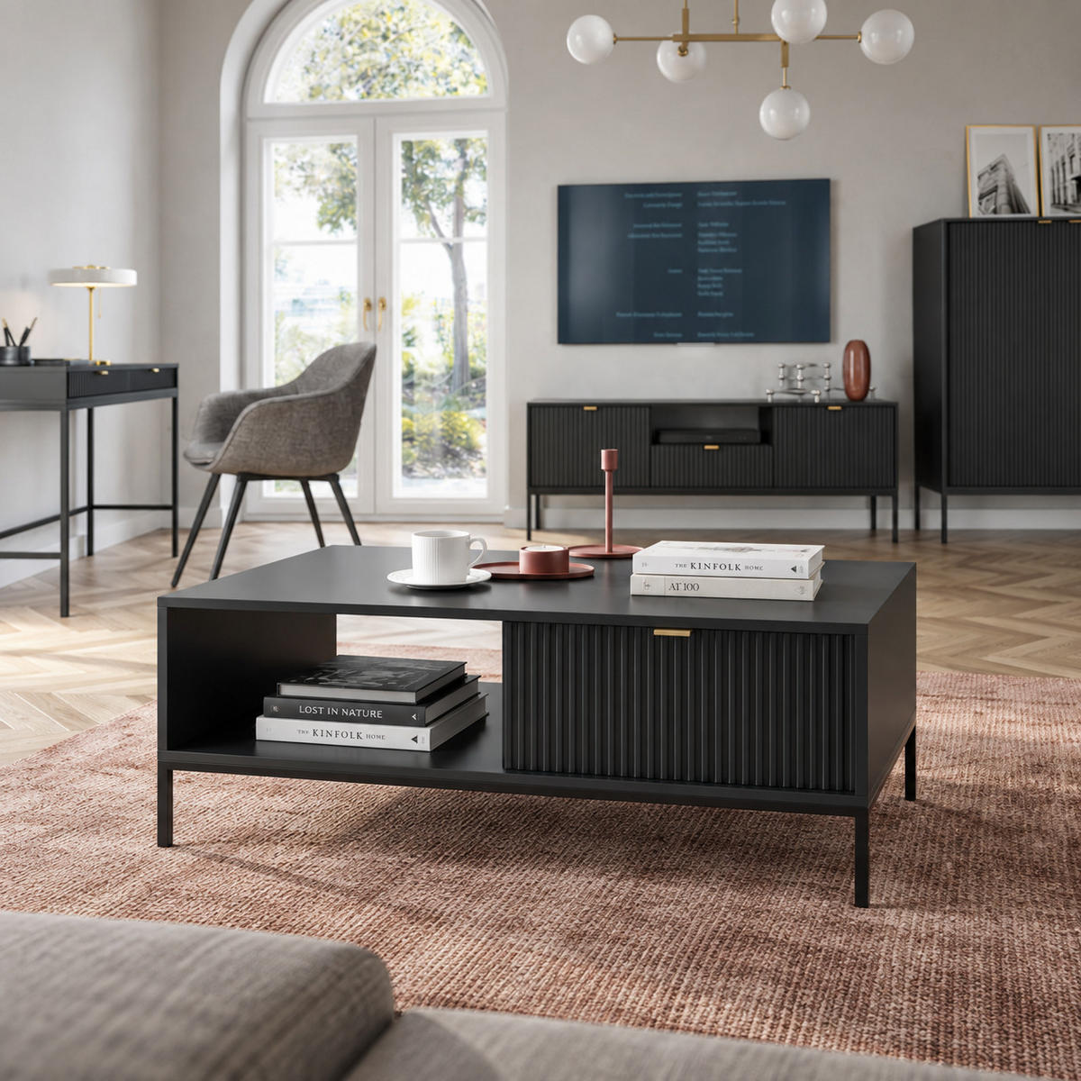 COUCHTISCH Kioto 104 cm in Schwarz mit Schubladen und Metallbeinen - Goldfarben/Schwarz, Holzwerkstoff/Metall (68/104/46cm) - Ravio