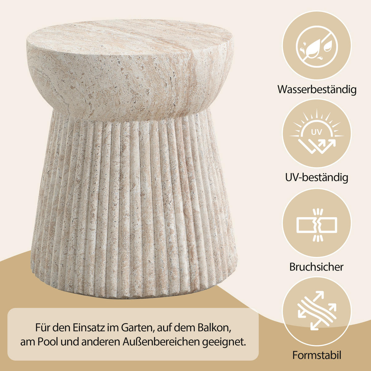 BEISTELLTISCH, MgO, Indoor/Outdoor, Travertinoptik - Beige, Naturmaterialien (38/38/43cm) - FLIEKS