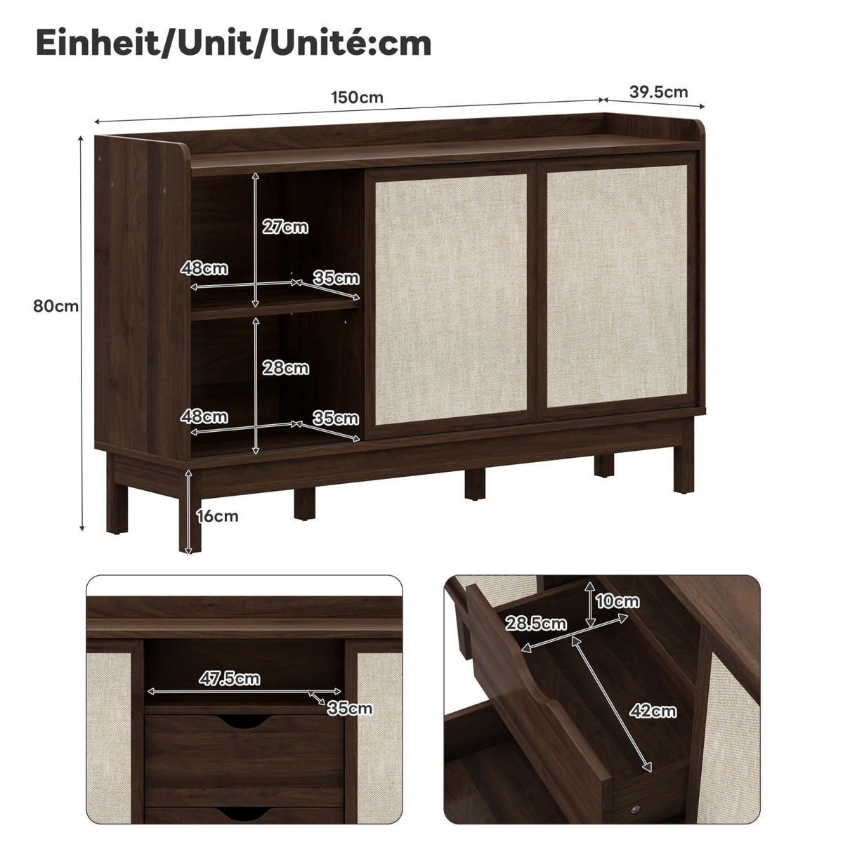 SIDEBOARD aus Spanplatte 150x39,5x80 cm Natur mit Schiebetüren, Schubladen und verstellbaren Einlegeböden - Walnussfarben, Holzwerkstoff (150/80/39.5cm) - IVMEU