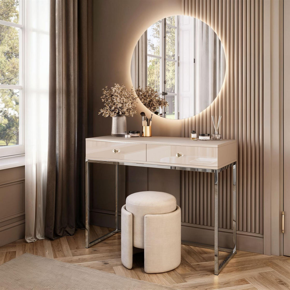 SCHMINKTISCH Blanco Glamour auf verchromtem Gestell mit LED-Spiegel Kristallgriff - Kaschmir/Silberfarben, Holzwerkstoff (100/81/42cm) - Lookway