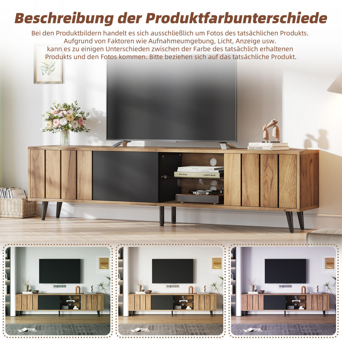 TV-LOWBOARD 175/31,5/45 cm Natur/Schwarz aus Spanplatte mit 3 Türen - Hellbraun, Holzwerkstoff (175/45/31.5cm) - OKWISH