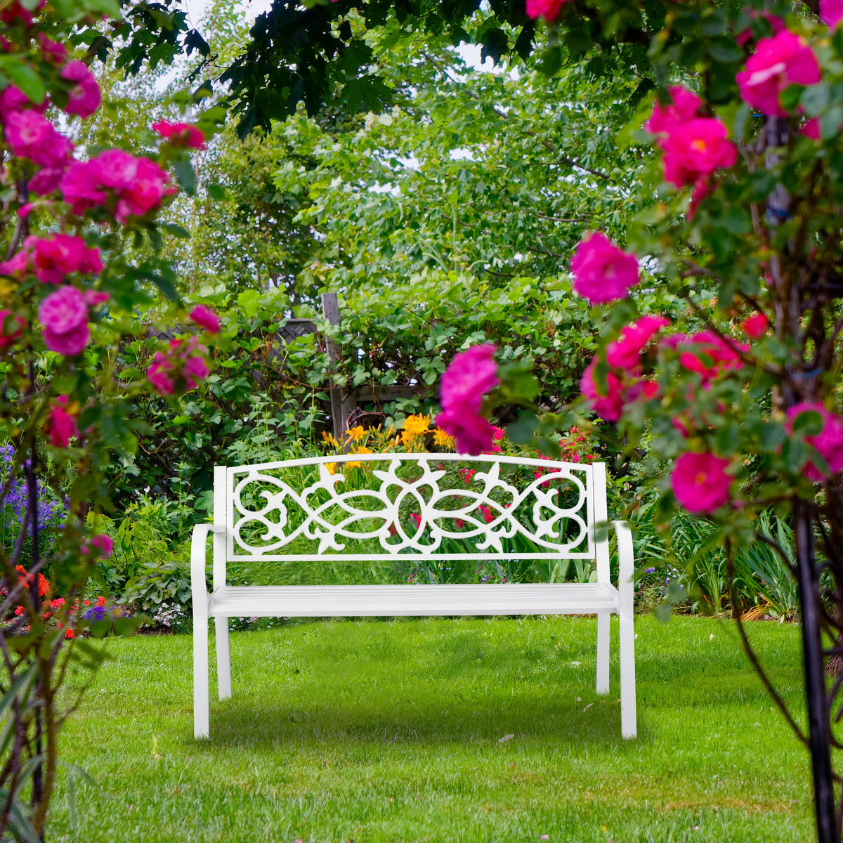 GARTENBANK - Weiß, Metall (124.5/78/58cm) - Relaxdays
