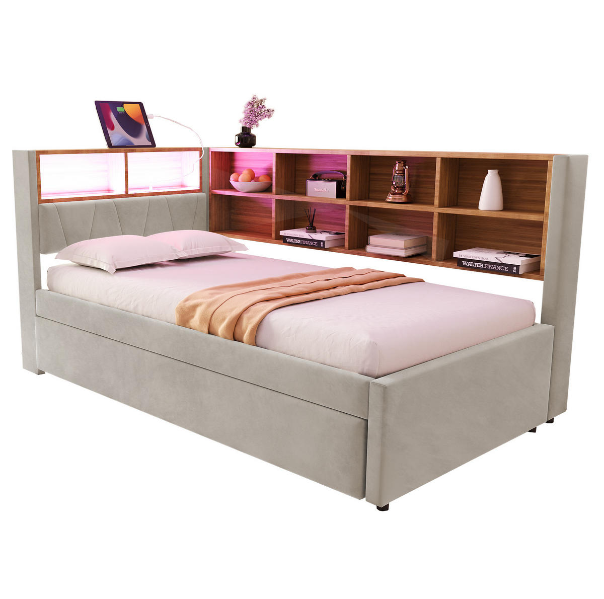 AUSZIEHBETT 90/200 cm mit 90/190 cm Gästebett, Hellgrau, mit LED und Stauraum - Hellgrau, Textil (90/200cm) - Flora Grace