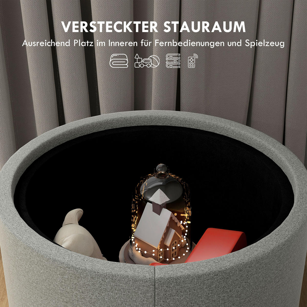 OTTOMANE Runder Sitzhocker Polsterhocker mit Stauraum, Klappdeckel, Grau - Grau, Textil (56/42/56cm) - HOMCOM