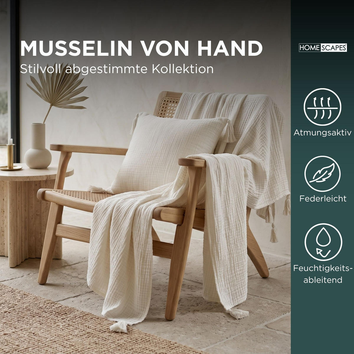 DEKOKISSEN Musselin offwhite mit Quasten, 45/45 cm - Weiß, Textil (45/45cm) - Homescapes
