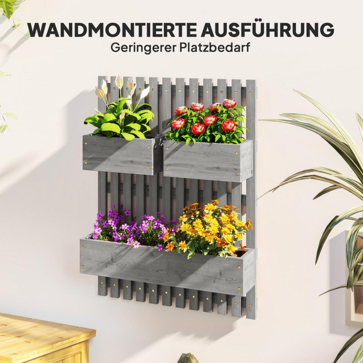 WAND-HOCHBEET aus Naturholz 60x16x80 cm mit 3 Blumenkästen - Grau, Holz (16/80/60cm) - Modfu