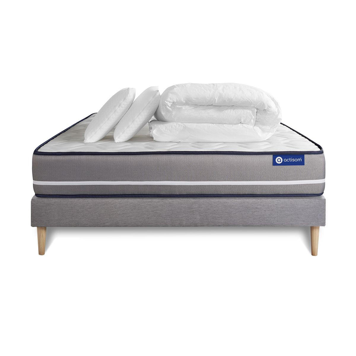 BETT Actiflex pur Taschenfederkern 180 x 200 cm h3 - Kit Bettgestell Grau - Mit Kissen und Bettdecke - Beige/Grau, Karton/Holz (180/200cm) - ACTISOM