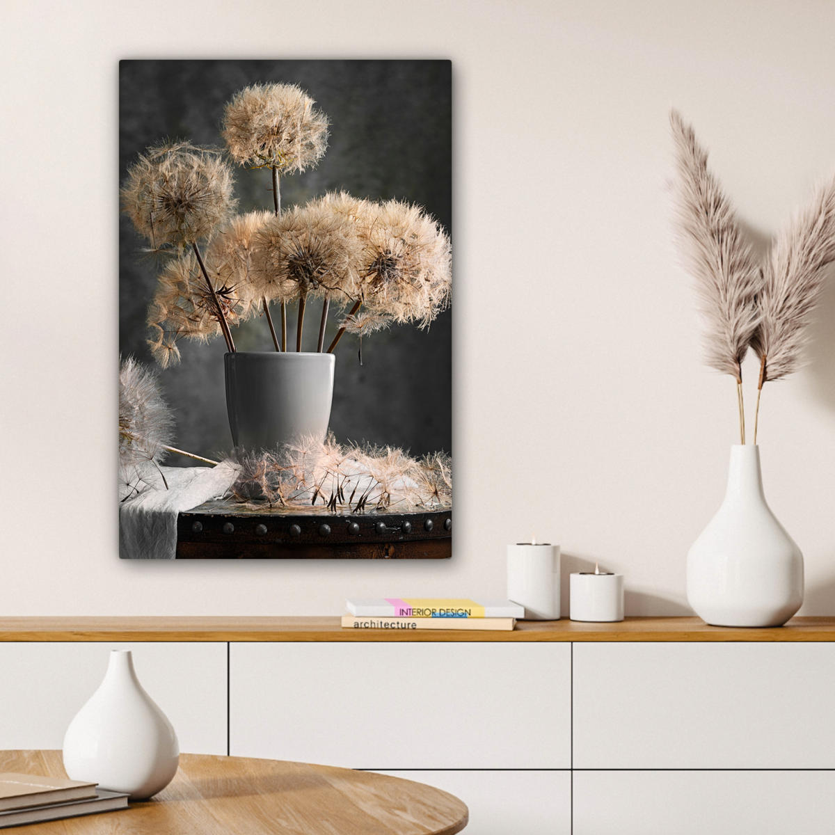 LEINWANDBILD Blumensamen - Löwenzahn - Vase - Stilleben - Blumenstrauß 40x60 cm - Dunkelgrau, Textil (40/60cm) - MuchoWow