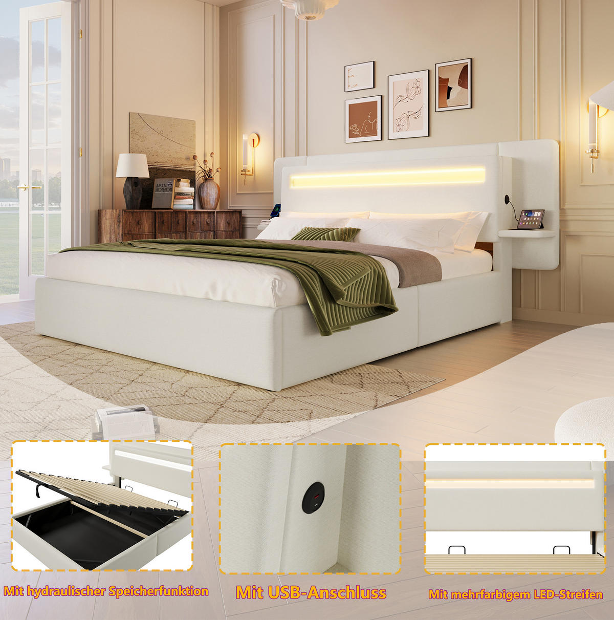 POLSTERBETT aus MDF und Leinen 140x200 cm Beige mit Bettkasten, LED-Beleuchtung, Nachttisch und USB-Anschluss - Beige, Textil (140/200cm) - Modfu