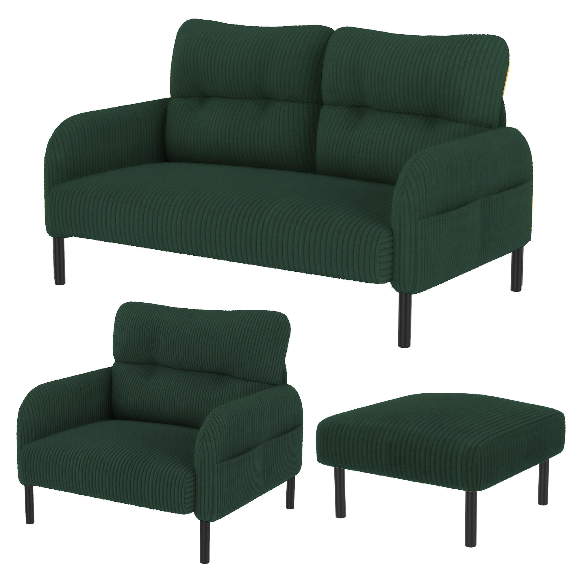 SOFA Set, 2-Sitzer+Sessel+Hocker, Cord, Grün - Schwarz/Grün, Textil/Metall (120/79/75cm) - LVHOM