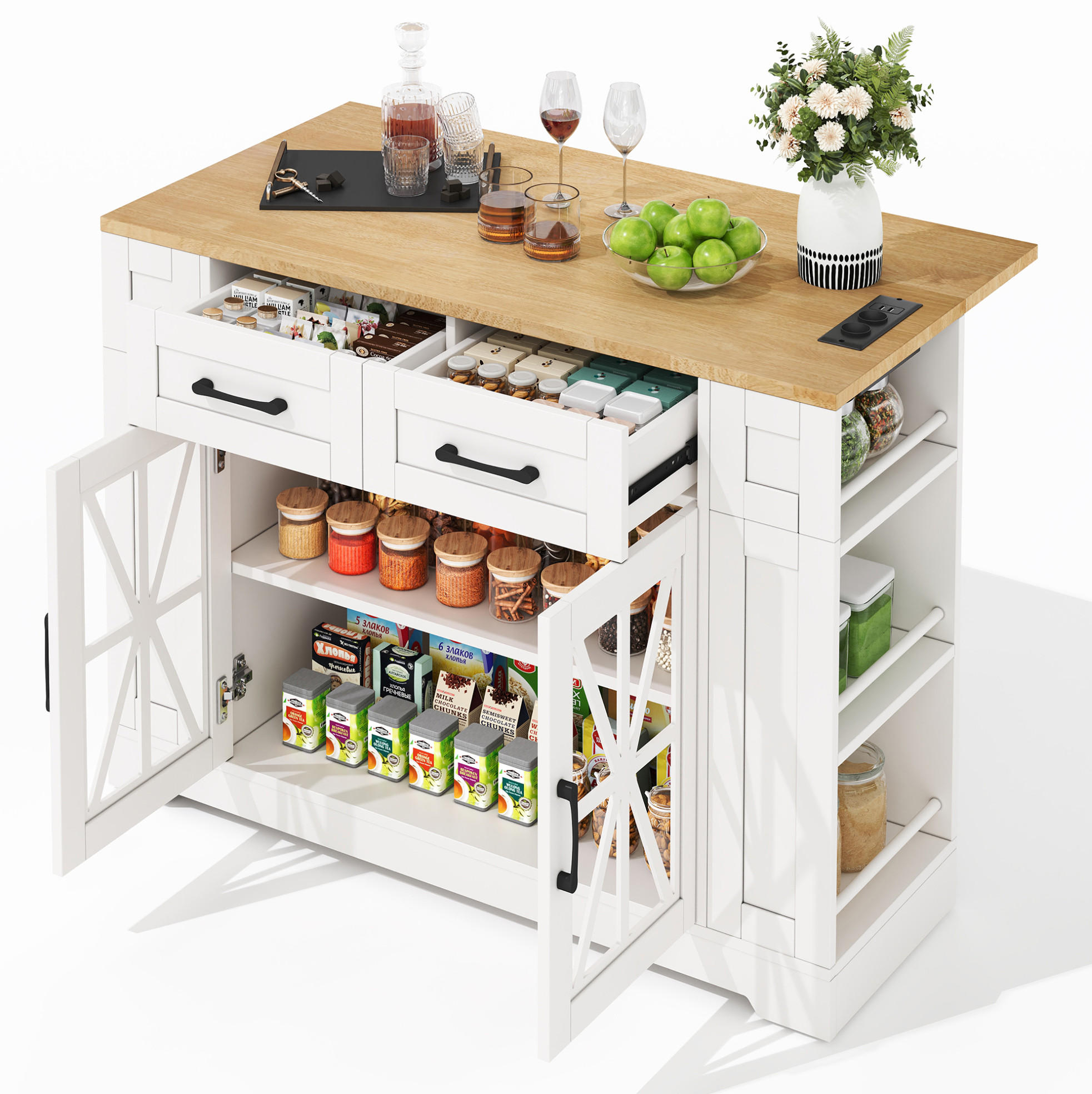 OKWISH KUCHYŇSKÝ ostrůvek 120/40(65)/92 cm bílá a přírodní z MDF s výsuvnou deskou, zásuvkami a kolečky
