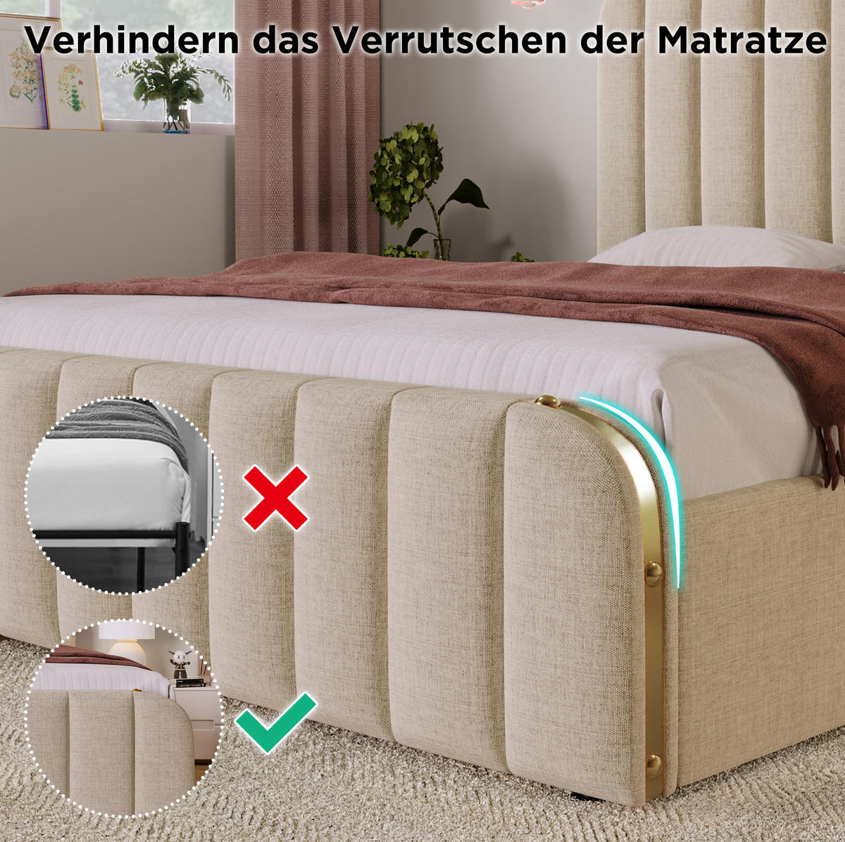 POLSTERBETT 90/200 cm Beige aus Leinen mit Stauraum und USB- und Type-C-Anschlüssen - Beige, Textil (90/200cm) - Flora Grace