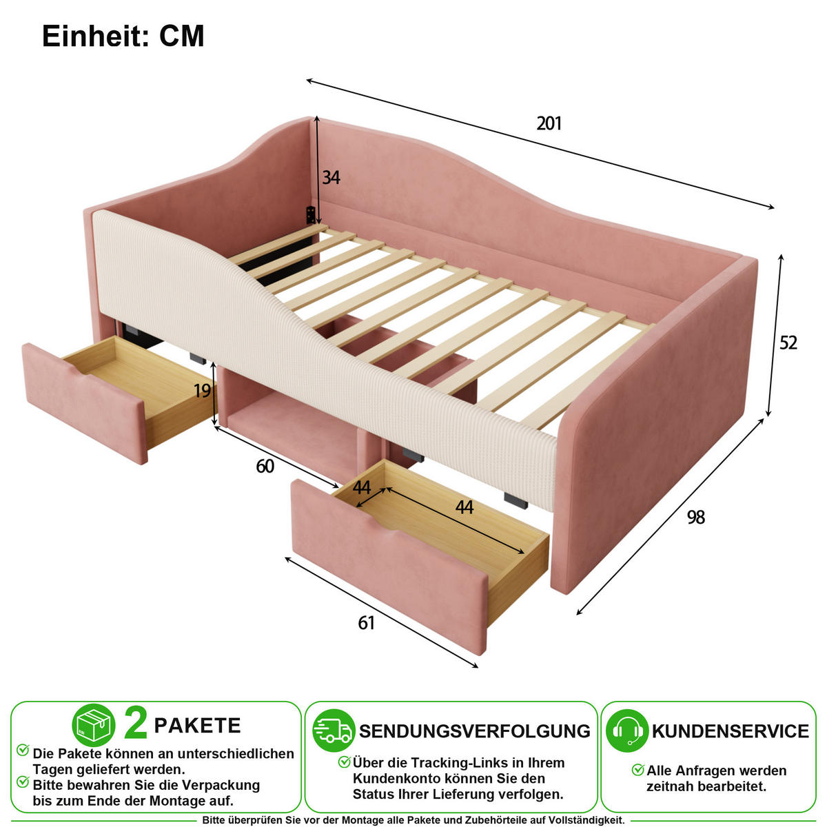 KINDERBETT 90/190 cm in Rosa & Cremeweiß mit Schubladen, Stauraum und Schutzgitter aus Samt - Weiß/Rosa, Holzwerkstoff/Textil (90/190cm) - CHICFURN