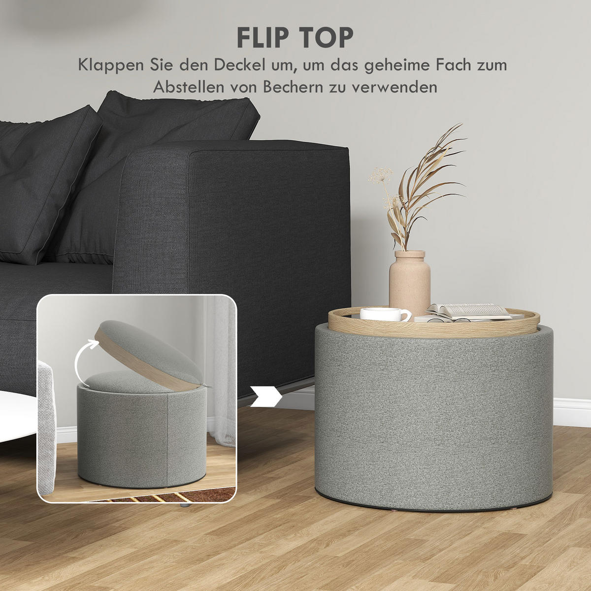OTTOMANE Runder Sitzhocker Polsterhocker mit Stauraum, Klappdeckel, Grau - Grau, Textil (56/42/56cm) - HOMCOM