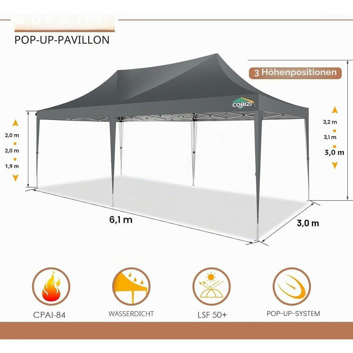 FALTPAVILLON 3 x 6 m Grau Wasserdicht mit 6 Seitenteilen - Grau, Textil (300/320/600cm)