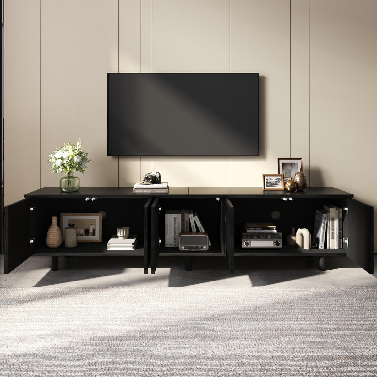 TV-SCHRANK Lowboard 5 Türen Metallfüße PB MDF modern - Schwarz, Holzwerkstoff (38/45/180cm) - FLIEKS