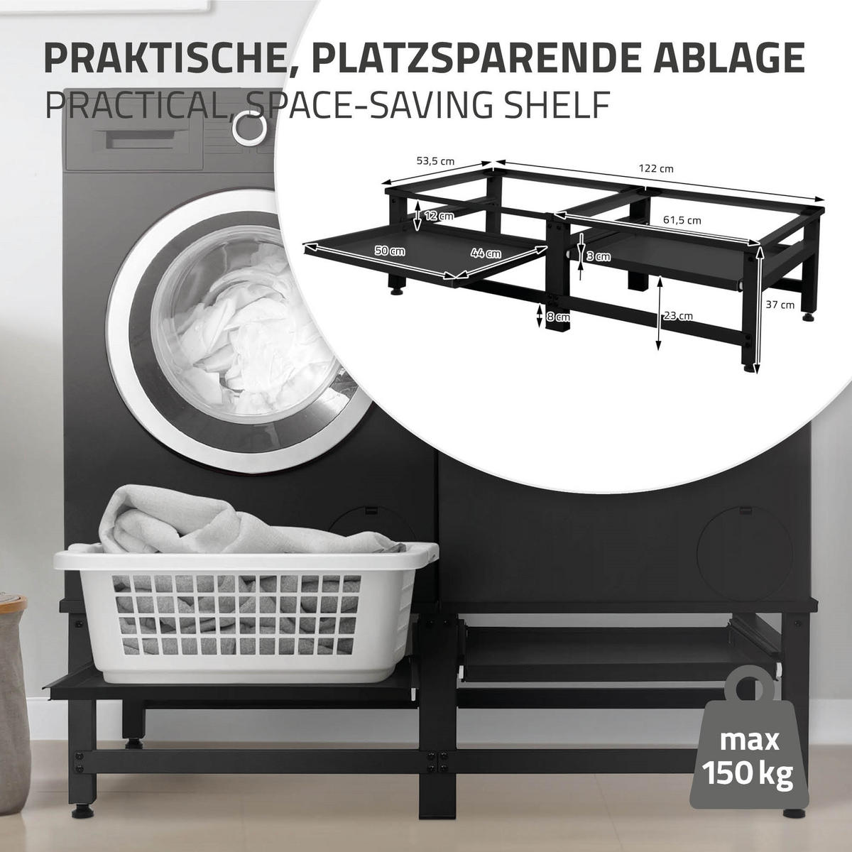 DVOJITÝ PODSTAVEC POD PRAČKU se 2 výsuvnými policemi, černý, z oceli - černá, kov (124/37/55cm) - ML-DESIGN