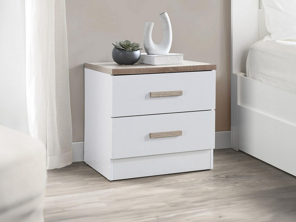 NACHTTISCH mit 2 Schubladen - Weiß und Holzfarben - SKAIDO - Naturfarben, Holz (50/50/40cm) - Vente-Unique