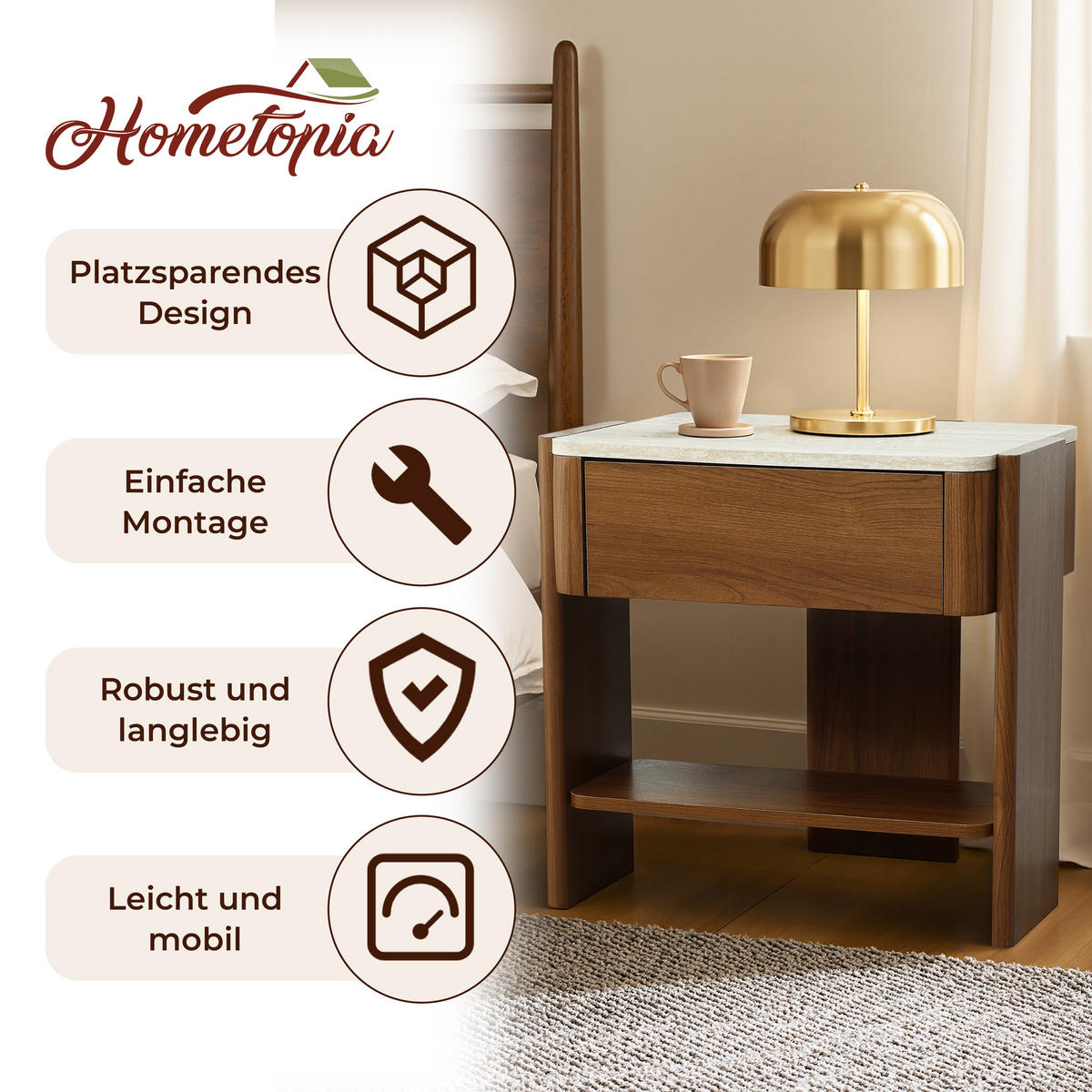 NACHTTISCH Modern mit Marmoroptik, Braun, MDF | B55 x T40 x H53 cm - Braun, Holz (55/53/40cm) - Hometopia