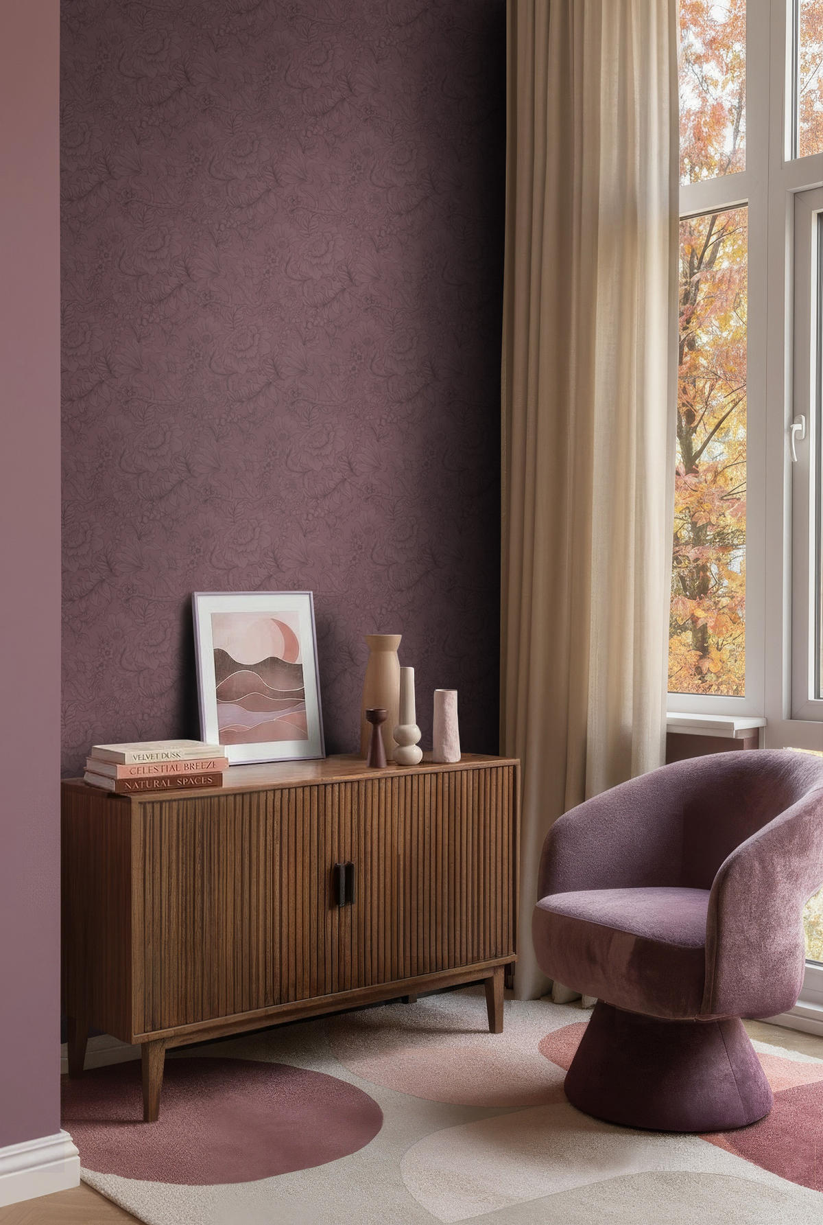 TAPETE Blumenmuster 0.53 x 10.05 m - Lila, Papier (53/1000cm) - ESTAhome