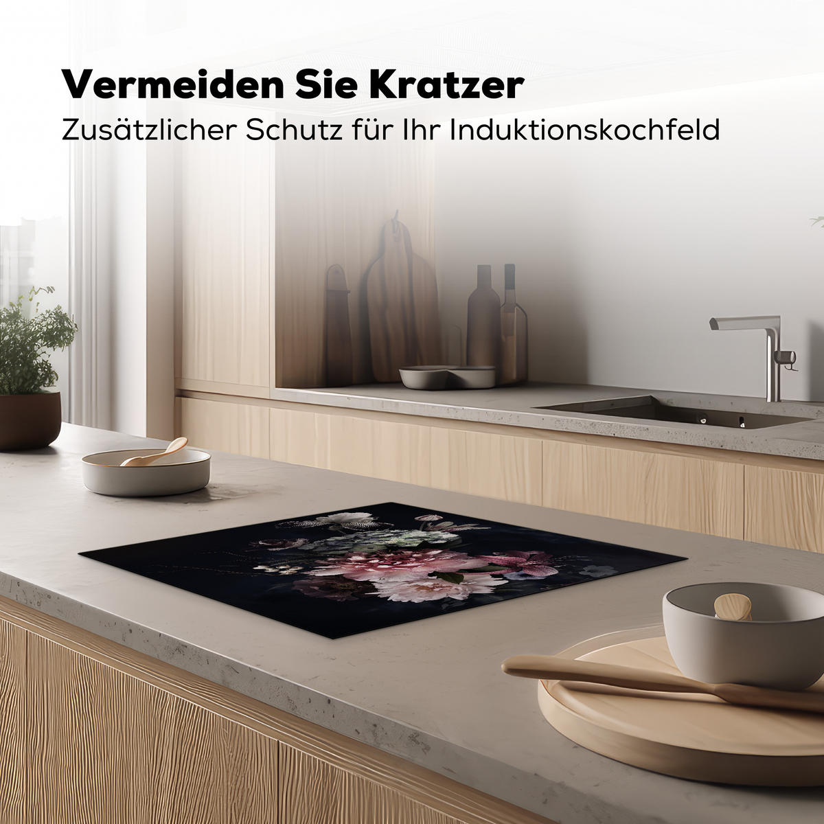 HERDABDECKPLATTE Blumen - Vintage - Pastell - Rosa - Weiß 59x51 cm - Altrosa, Kunststoff (59/51/0.2cm) - MuchoWow