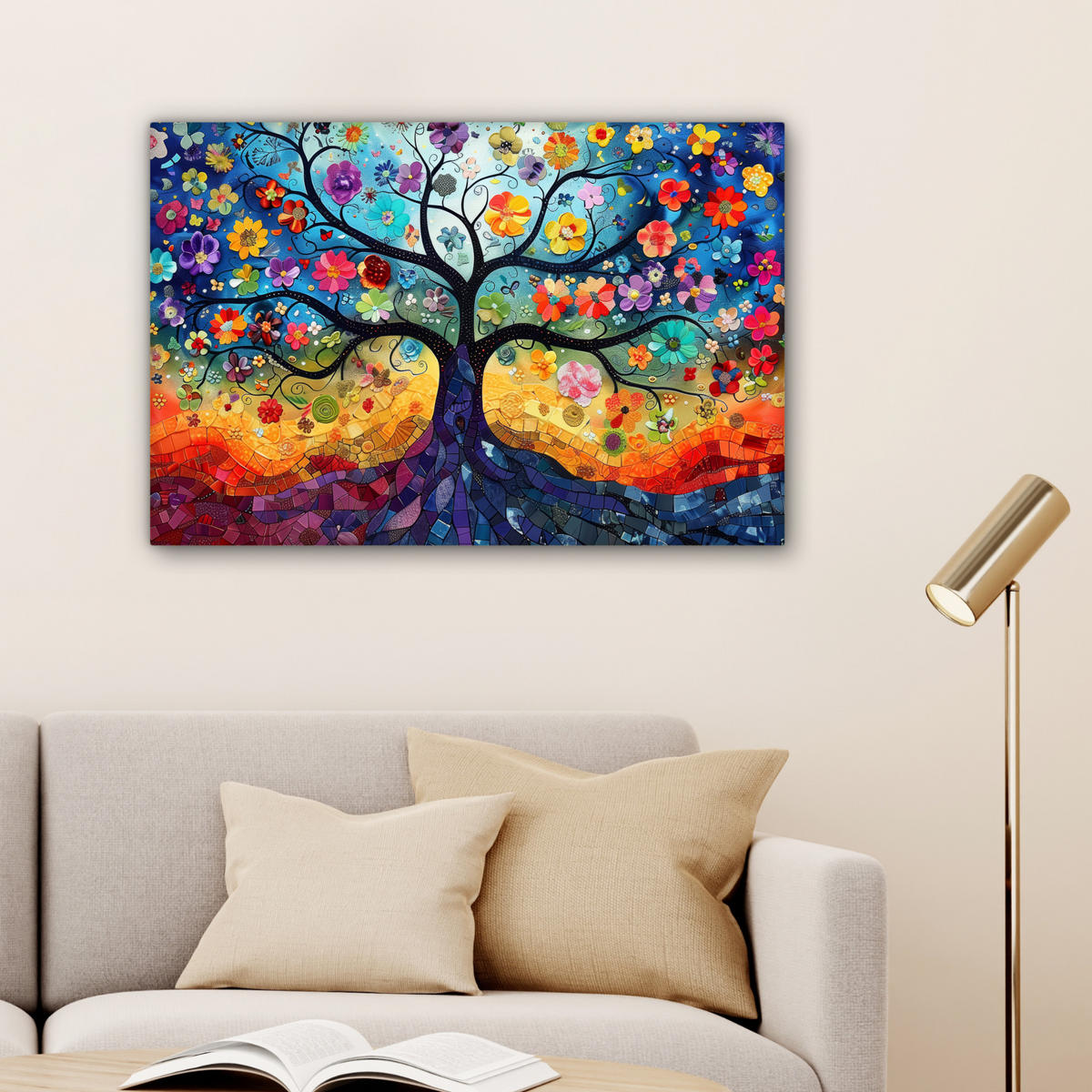 OBRAZ NA PLÁTNĚ Umění - Strom života - Květiny - Hippie 90x60 cm - tmavě modrá, textil (90/60cm) - MuchoWow