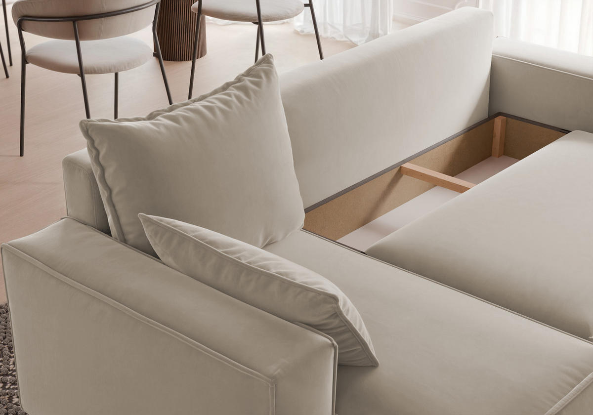 ECKSOFA Tobi mit Bettkasten und Schlaffunktion, L-Form, Velourstoff, Universal - Beige, Holzwerkstoff (246/145cm) - 4ALL HOME