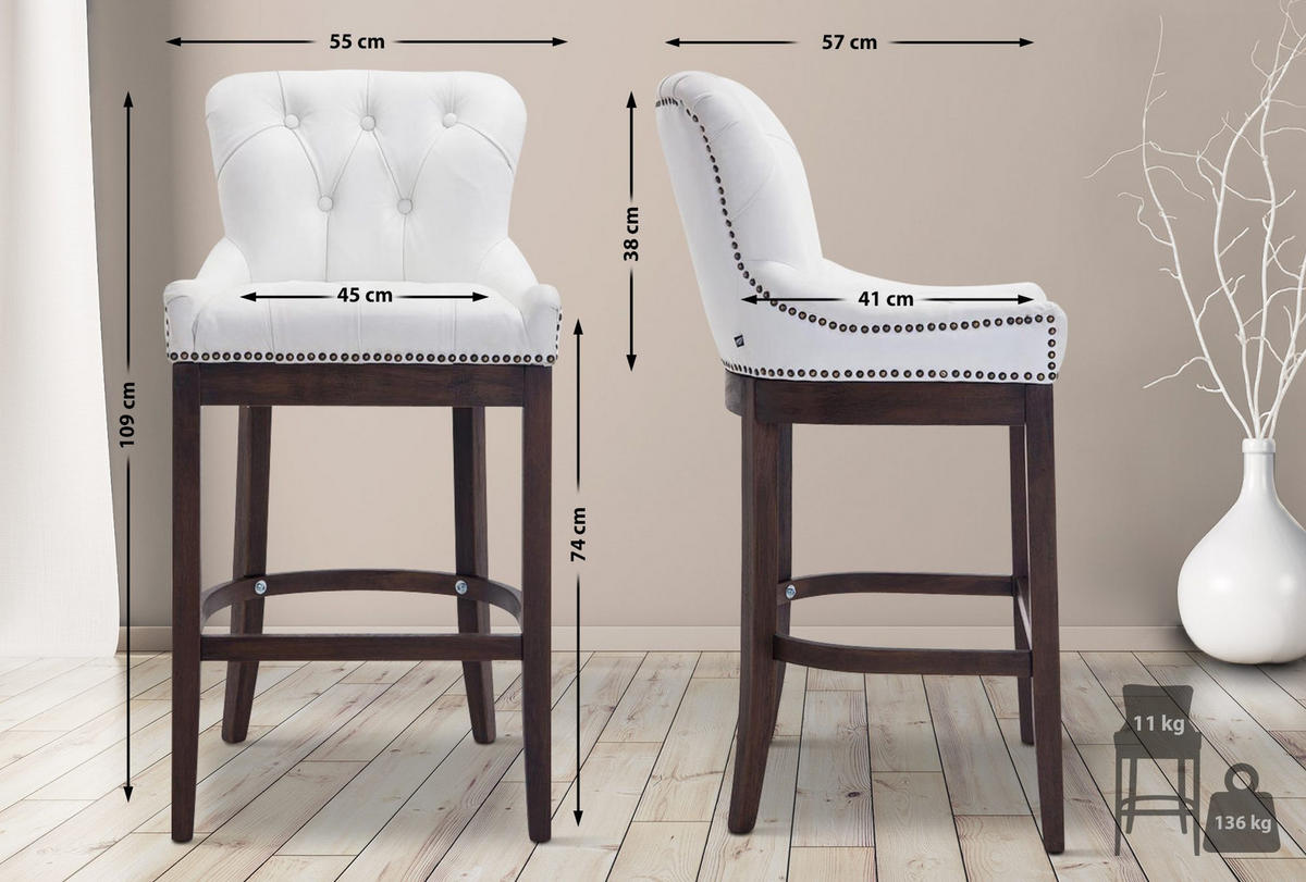 BARHOCKER Echtleder weiß - Dunkelbraun/Weiß, Leder/Holz (55/109/57cm) - CLP