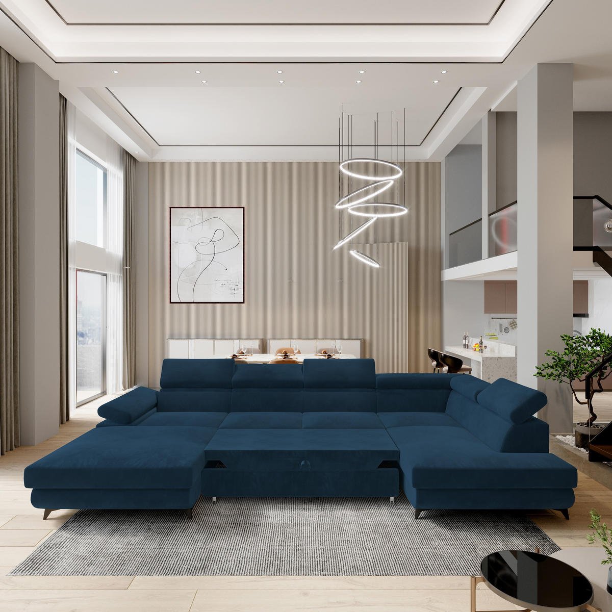 WOHNLANDSCHAFT RUBANO R-S Blau Velours-Stoff mit Schlaffunktion - Blau, Holz (339/89/190cm) - MASSENO