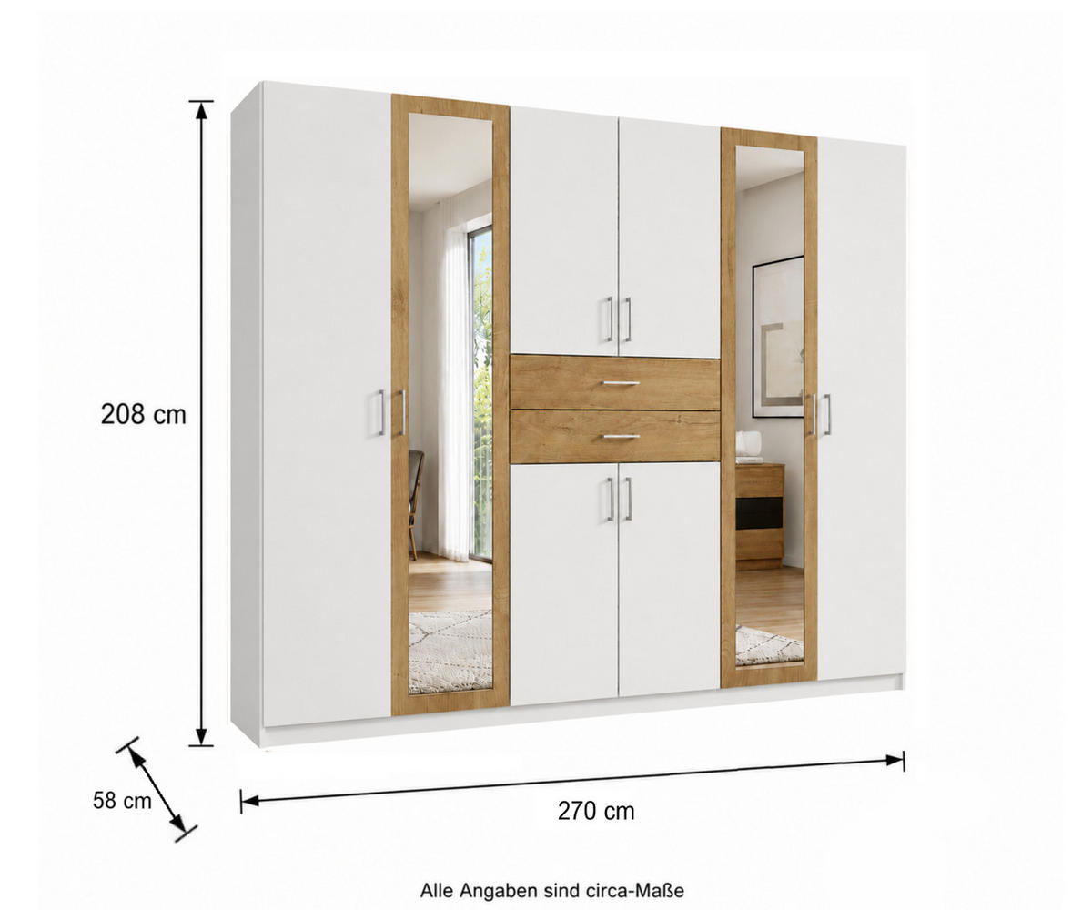 DREHTÜRENSCHRANK Kleiderschrank B270/H208/T58 cm mit Schubkästen & 2 Spiegeltüren, Weiß mit Absetzungen in Eiche Dekor / 22595 - Eichefarben/Silberfarben, Holzwerkstoff/Kunststoff (270/208/58cm) - luma-home