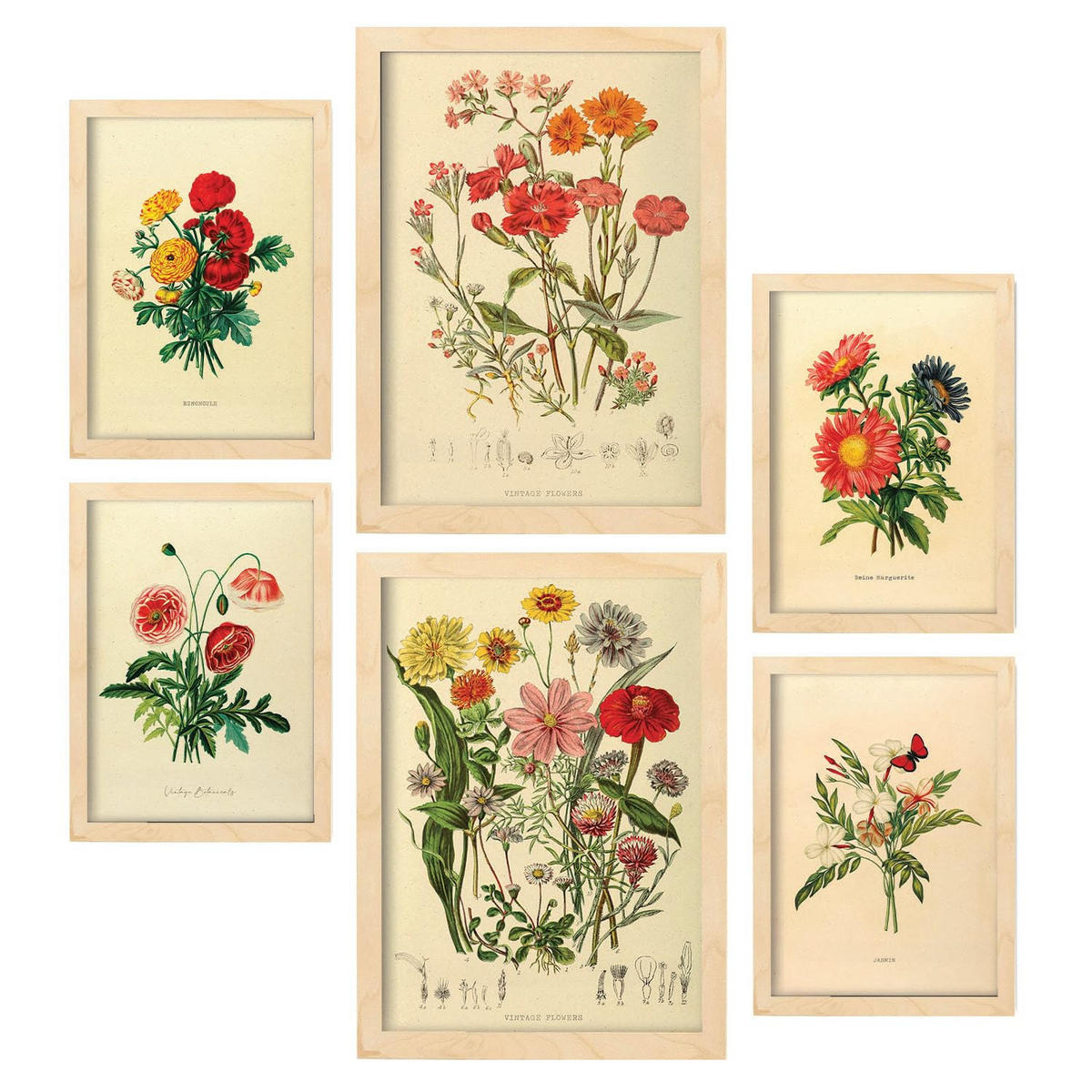 POSTER Set Mit 6 Blumensträuße 2 In Vintage A3 & A4 Rahmen Aus Hellem Holz - Beige, Papier (29/3cm) - Nacnic