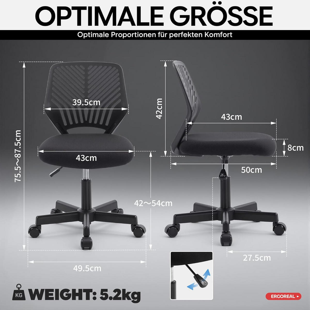 BÜROSTUHL Ergonomischer ohne Armlehne, mit Rollen & Höhenverstellung - Schwarz, Metall (55/79/55cm)