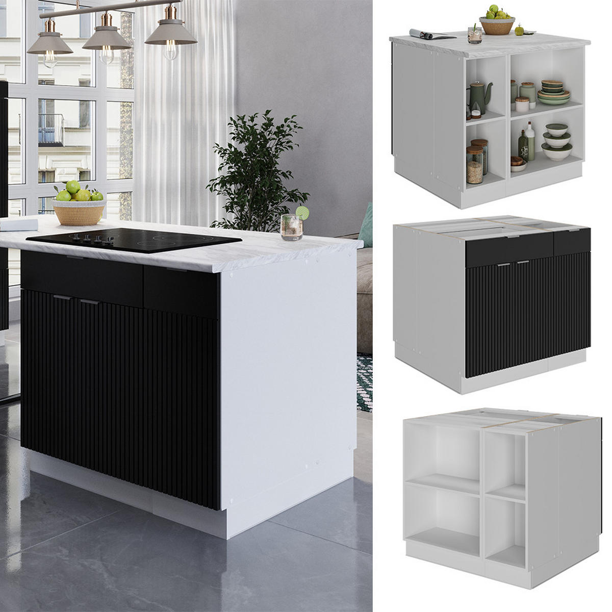 KÜCHENINSEL Fame-Line, Schwarz gestreift, 90 cm mit Schublade, ohne Arbeitsplatte - Schwarz/Weiß, Holzwerkstoff (90/82/60cm) - Vicco