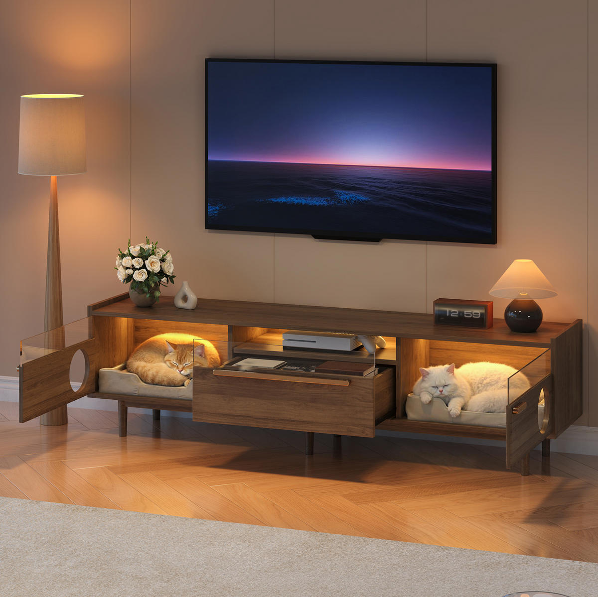 TV-ELEMENT mit LED und Katzenruheraum Holzwerkstoff Nussbaumfarbe - Braun, Holzwerkstoff (40/50/180cm) - Beauniv