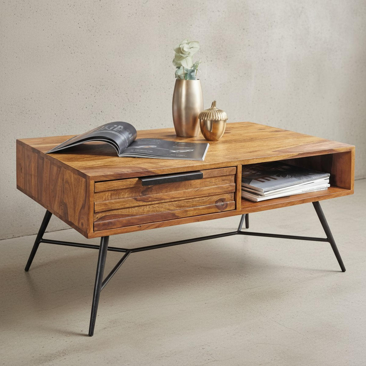 COUCHTISCH Massivholz Industrial-Design mit einzigartiger Maserung, 87x55x41cm - Schwarz/Braun, Holz/Metall (55/87/41cm) - KADIMA DESIGN