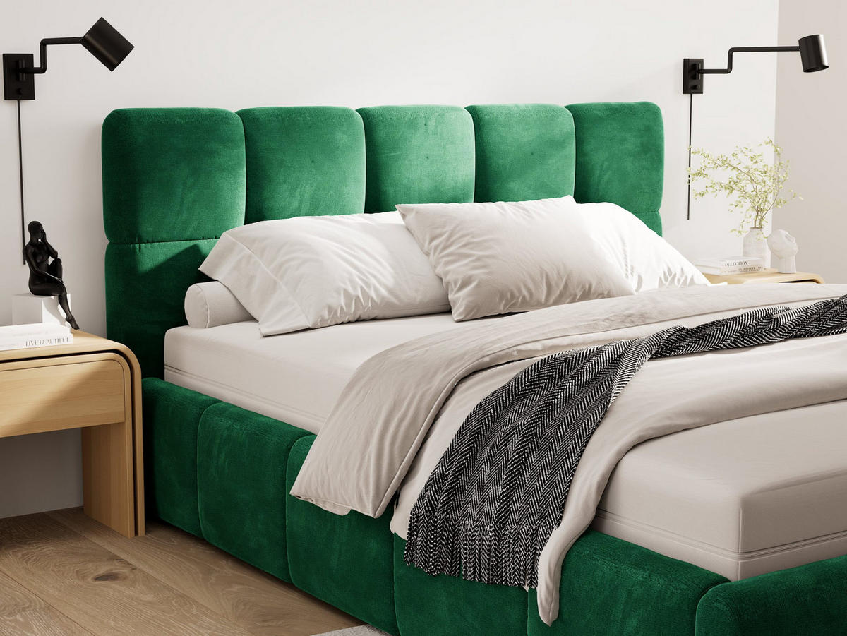 POLSTERBETT 180/200 cm, in Dunkelgrün, Velours-Stoff, gepolstertes Kopfteil, Lattenrost, Bettkasten - Dunkelgrün, Textil - Barchello