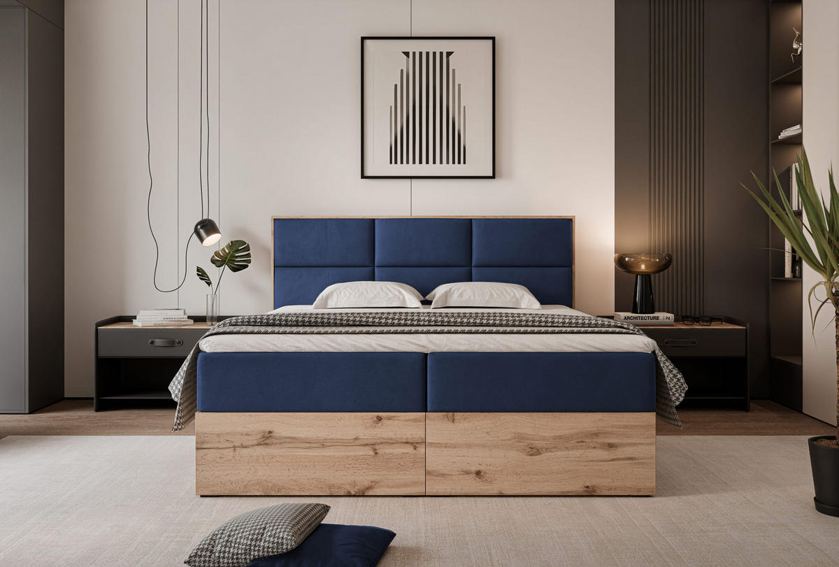 BOXBETT LAVIO 160/200 cm, in Marineblau, mit Matratze und Topper - Dunkelblau, Holzwerkstoff/Textil (160/200cm) - Idohome